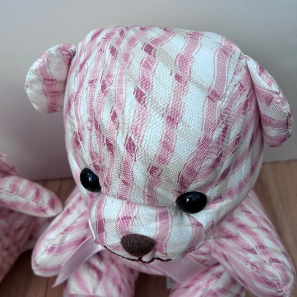 NWOT Saks Fifth Avenue Vintage Pink/White w/It. tan Striped Bear, stuffed muslin